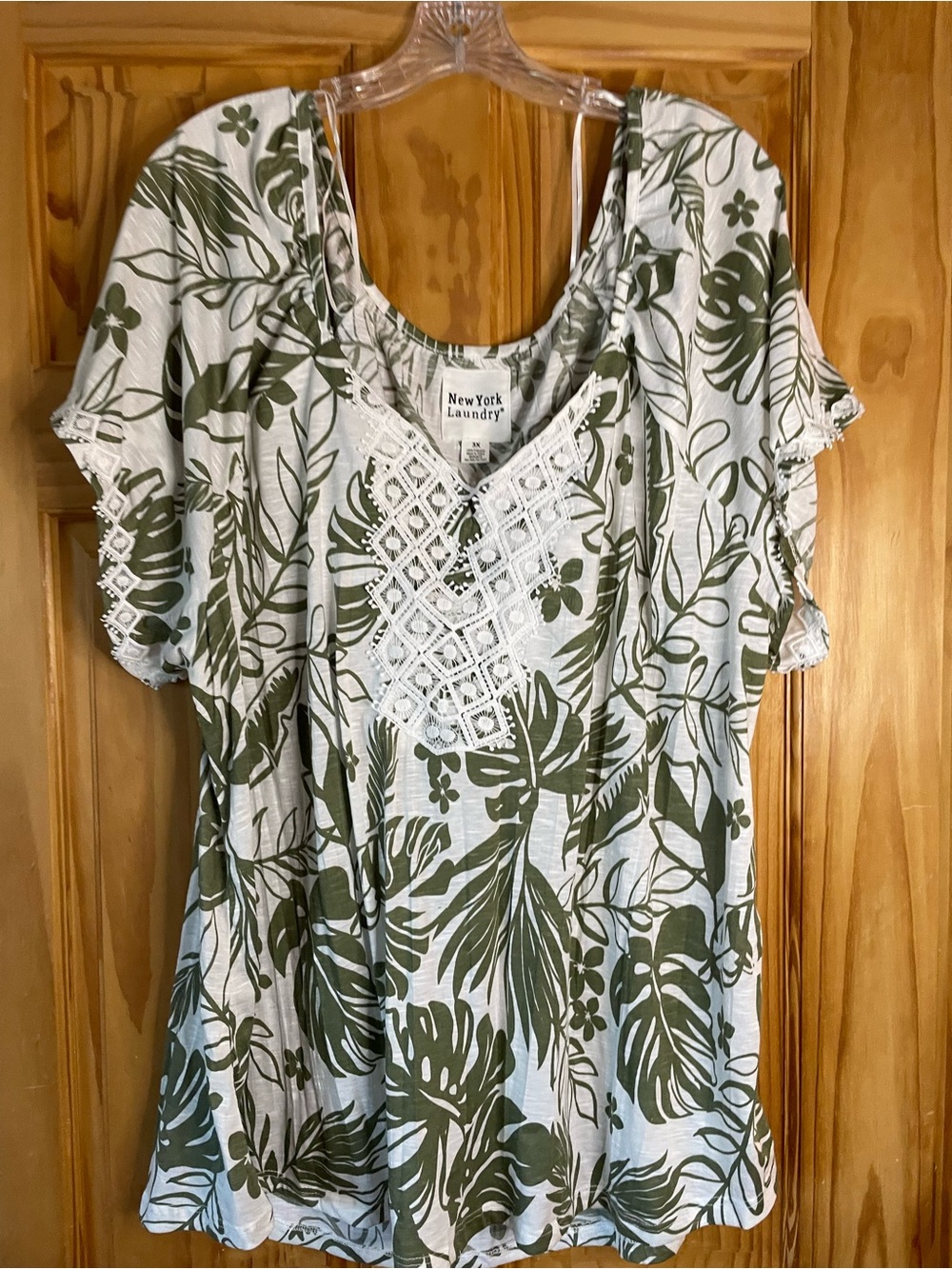 New York Laundry White & Green Leaf Crochet-Trim Scoop Neck Top